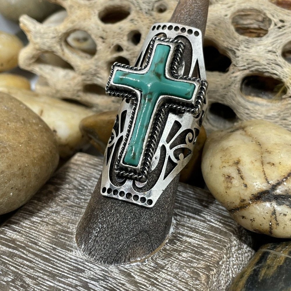 Cross Turquoise Silver Adjustable Womens Large Ring Mens Western Southwestern
